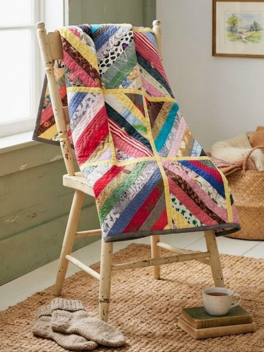Vintage Handmade String Quilt Blanket Multi-Color Patchwork 41"x41"